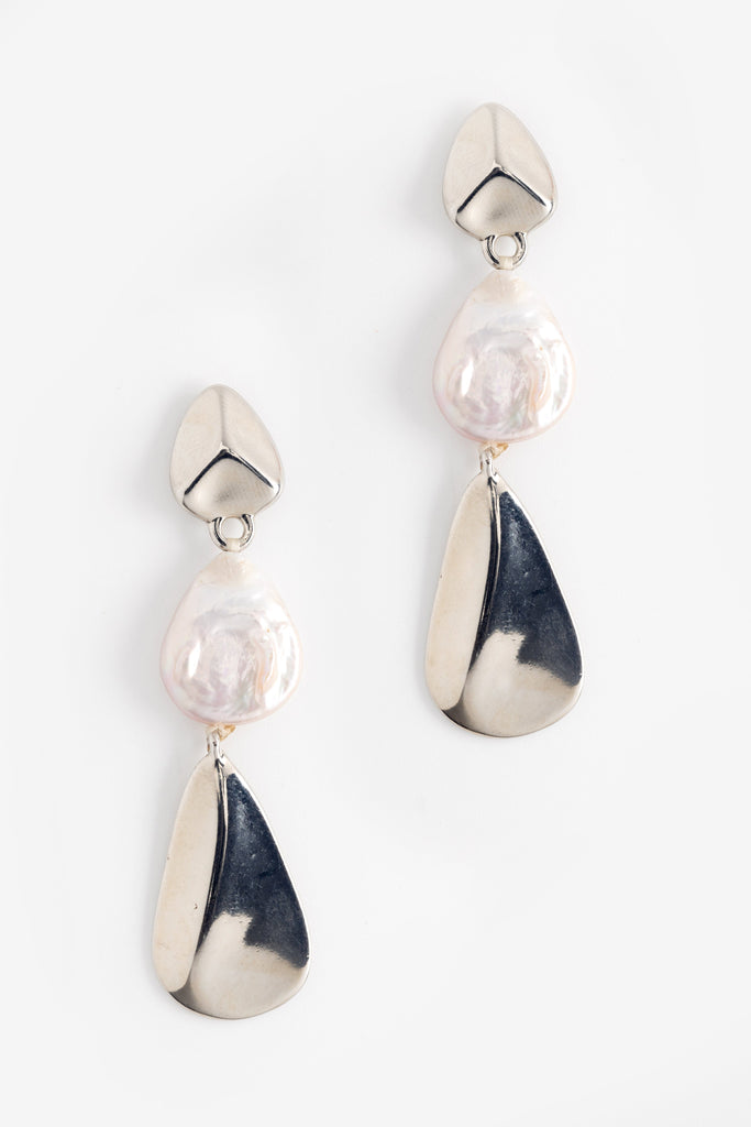 White Pearl Drop Rhodium Earrings - Nakamol
