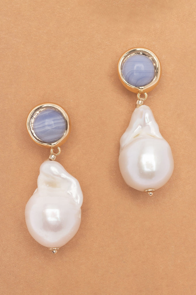 White Baroque Pearl Blue Stud Earrings - Nakamol