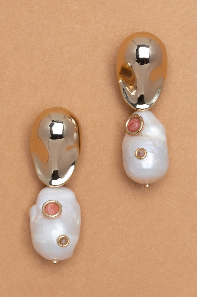 White Pearl Peach Gold Drop Earrings - Nakamol