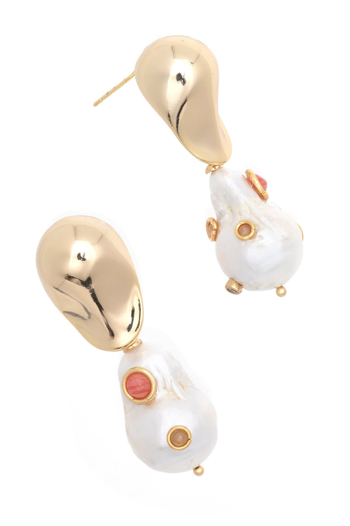 White Pearl Peach Gold Drop Earrings - Nakamol