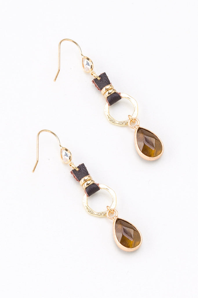 Tiger Eye Leather Gold Link Drop Earrings - Nakamol