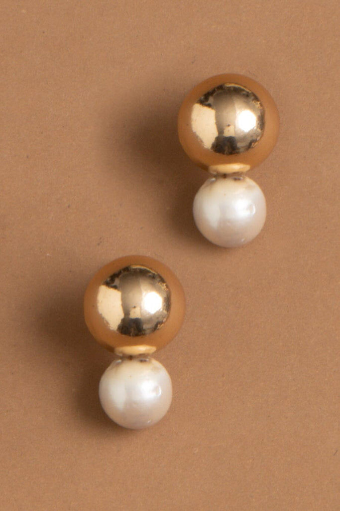 White Pearl Gold Drop Stud Earrings - Nakamol