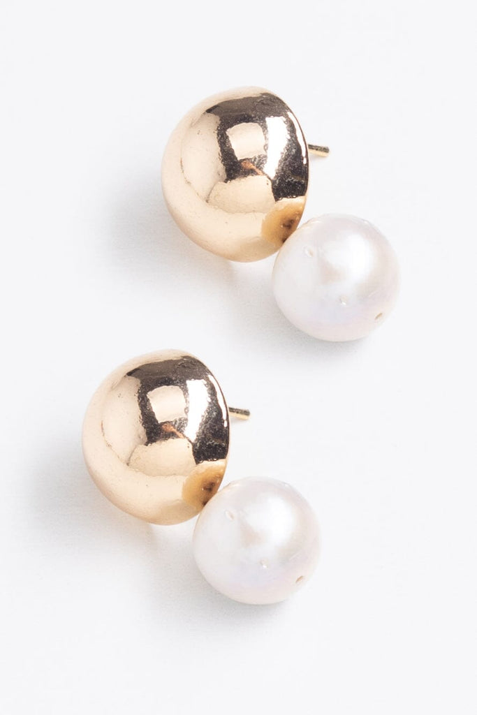 White Pearl Gold Drop Stud Earrings - Nakamol