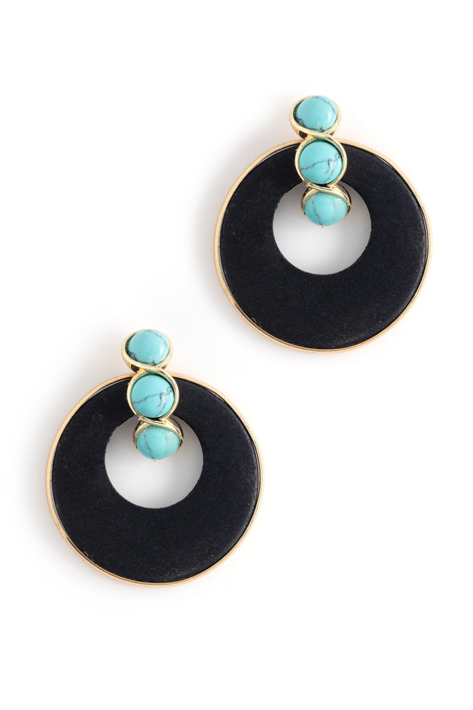 Black Disc Turquoise Round Earrings - Nakamol