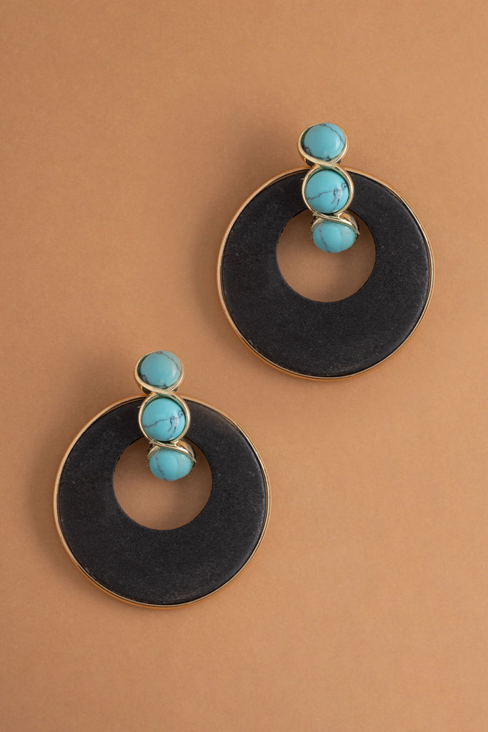 Black Disc Turquoise Round Earrings - Nakamol