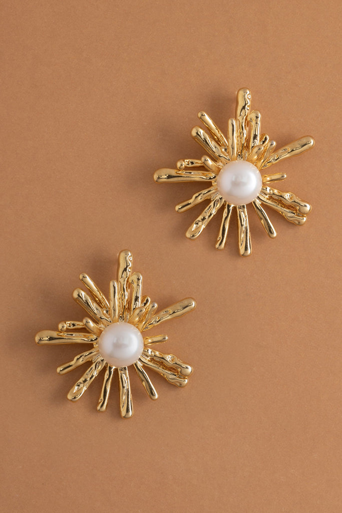 White Pearl Starburst Gold Earrings - Nakamol