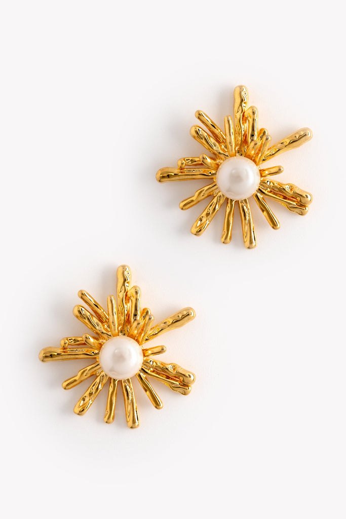 White Pearl Starburst Gold Earrings - Nakamol
