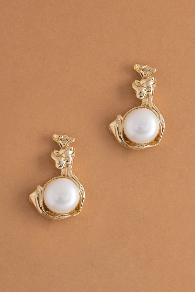 White Pearl Gold Cradle Earrings - Nakamol