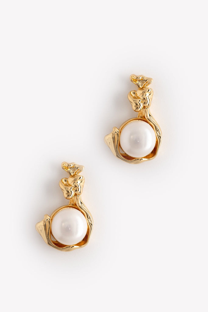 White Pearl Gold Cradle Earrings - Nakamol