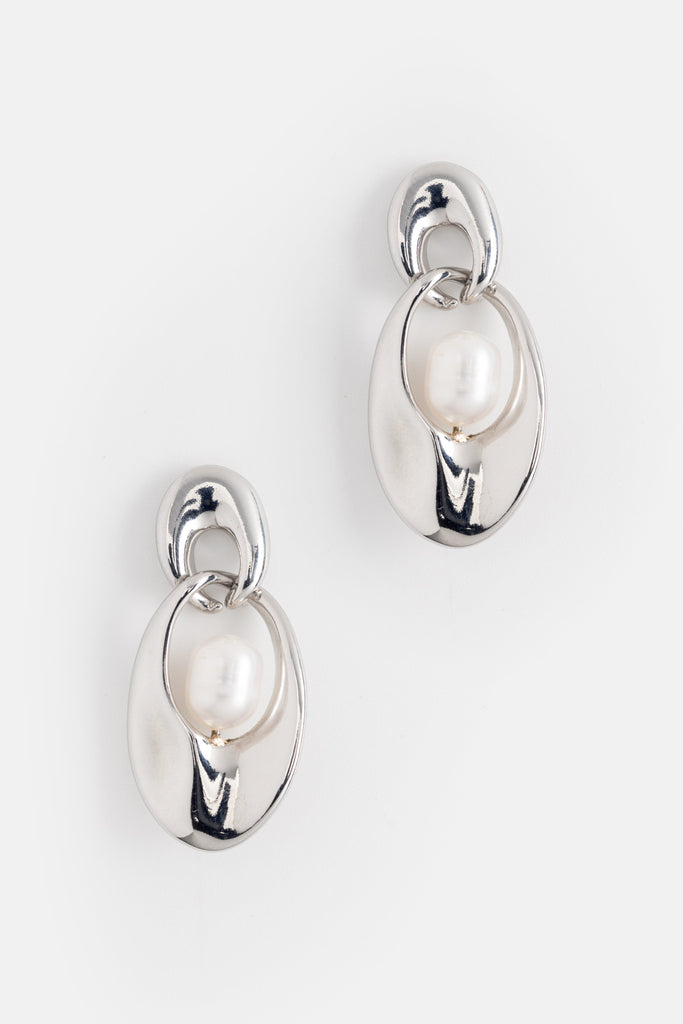 Double Oval Pearl Rhodium Earrings - Nakamol