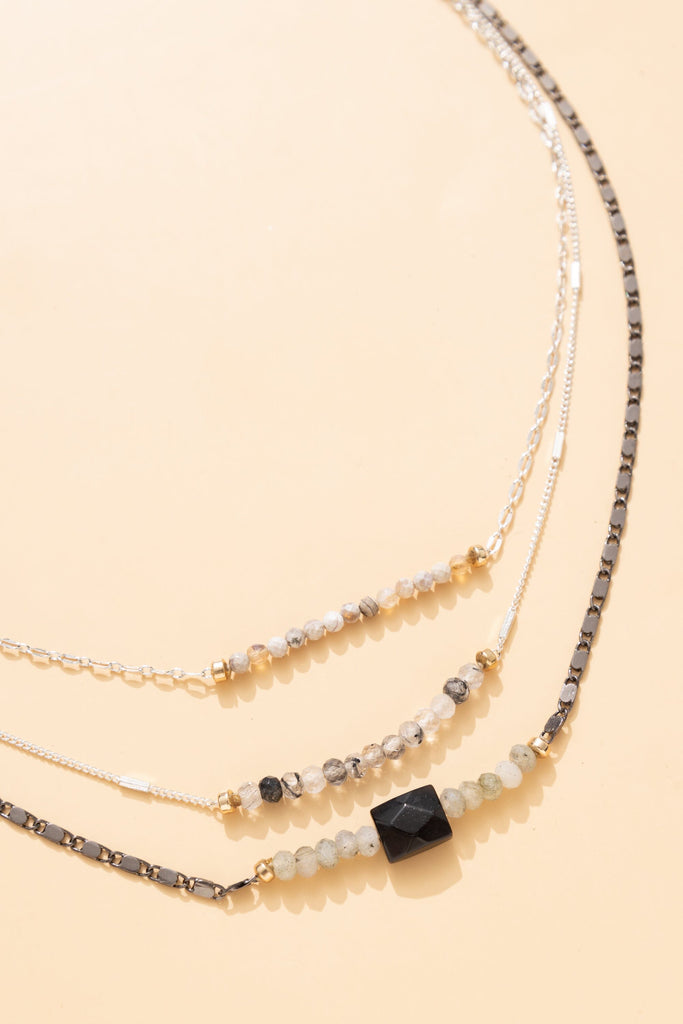 Beaded Gun Metal Triple Chain Necklace - Nakamol