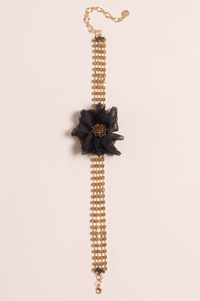 Black Floral Gold Rhinestone Necklace - Nakamol