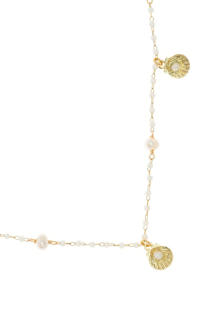 White Pearl Gold Shell Charm Necklace - Nakamol