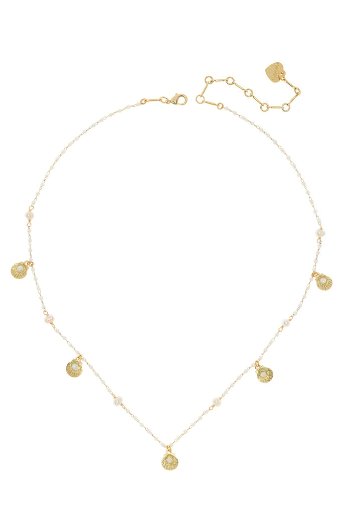 White Pearl Gold Shell Charm Necklace - Nakamol