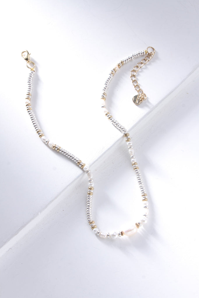 White Pearl Gold Silver Bead Necklace - Nakamol