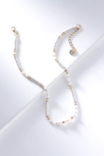White Pearl Gold Silver Bead Necklace - Nakamol