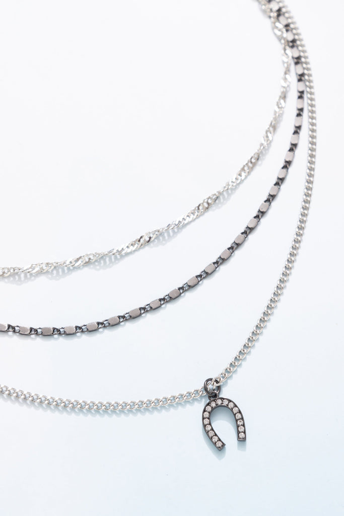 Pave Horseshoe Charm Triple Chain Necklace - Nakamol