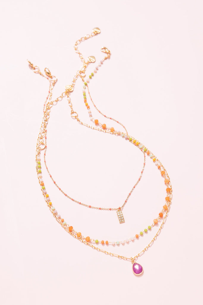 Set of 3 Orange and Pink Gold Necklace - Nakamol