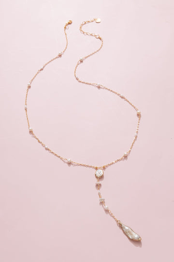 White Pearl Lariat Drop Necklace - Nakamol